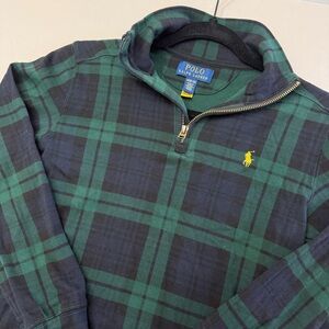 Polo Ralph Lauren Boys 1/4 Zip Pullover Plaid Green Blue Sweater Size 10-12